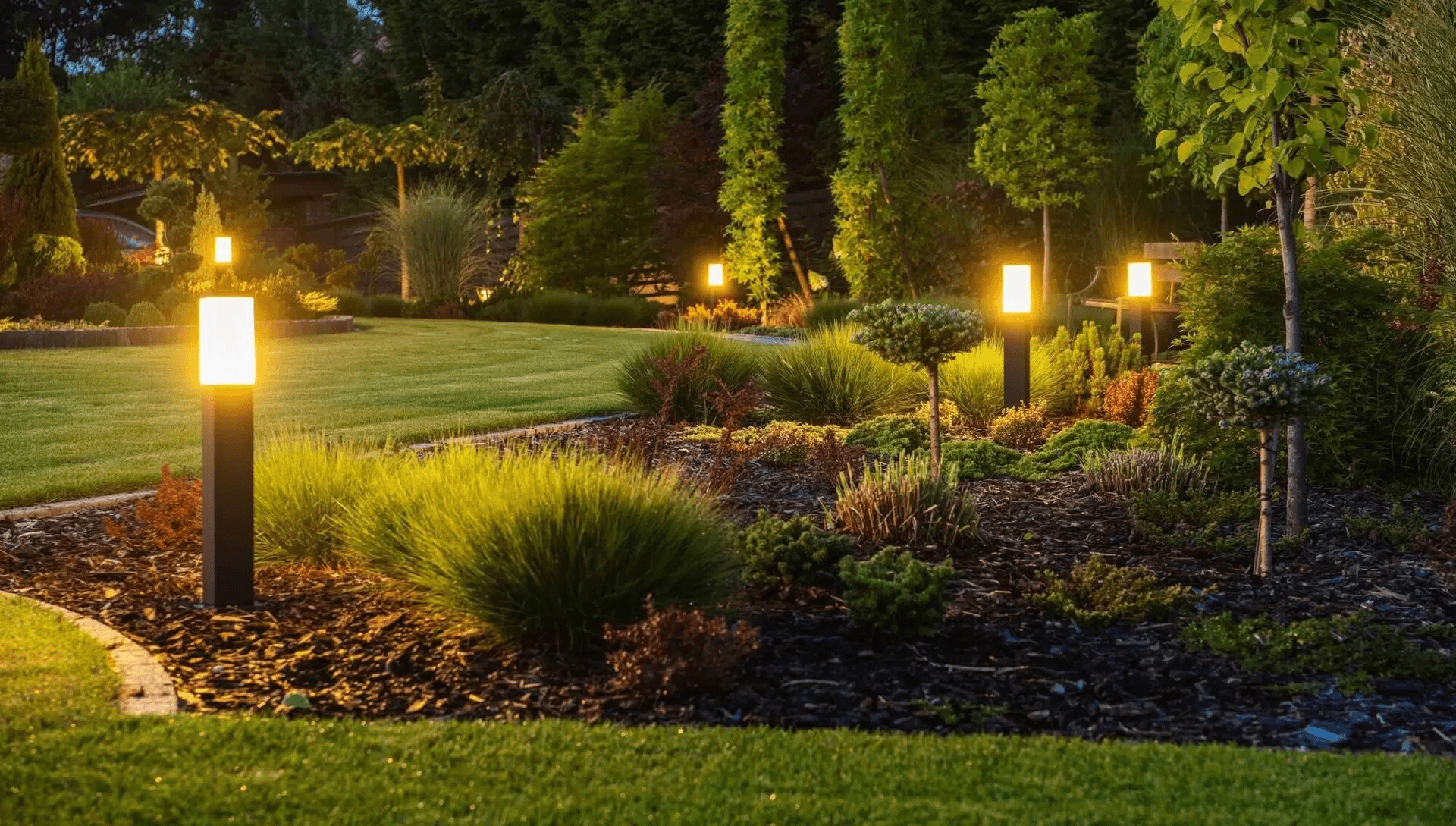 Evening commercial landscape with professional lighting and maintained gardens