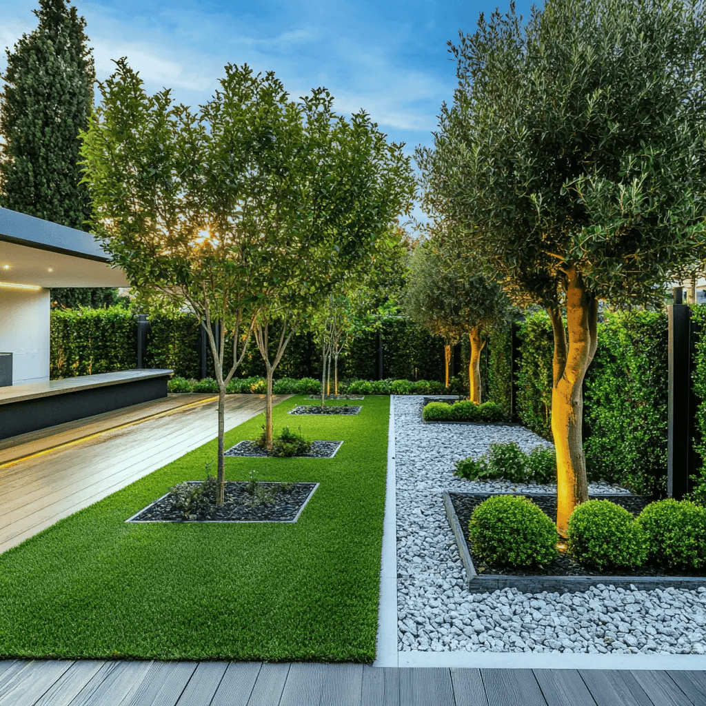 Beautiful modern landscape design with geometric lawn areas and decorative elements